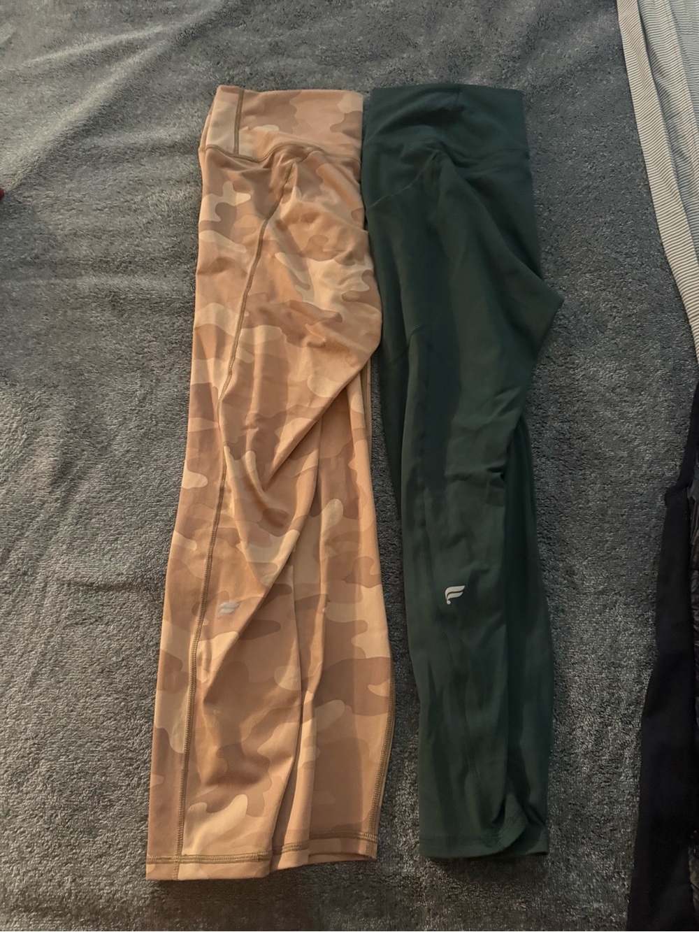 Fabletics Leggings - Tan Camo, Forest Green and black vest